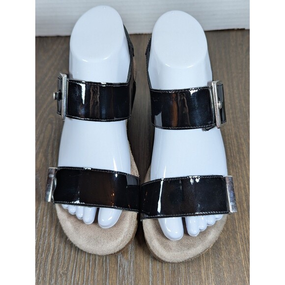 MEPHISTO Patent Leather Strap Sandals US 6.5-7 EU 37 Black Wedges Buckle Logo - Picture 5 of 14